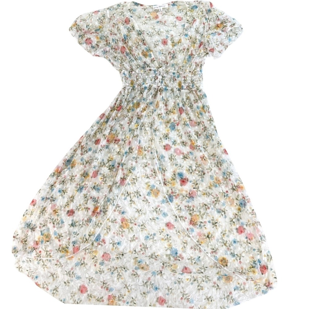 Daily Special White Floral Mesh Sheer High Low Dress Small Romantic Cottagecore